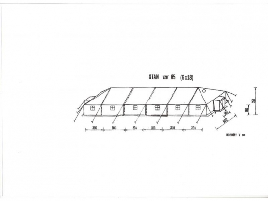 Nákres stanu S65 6x18 m (včetně čtyř nástavných dílců)