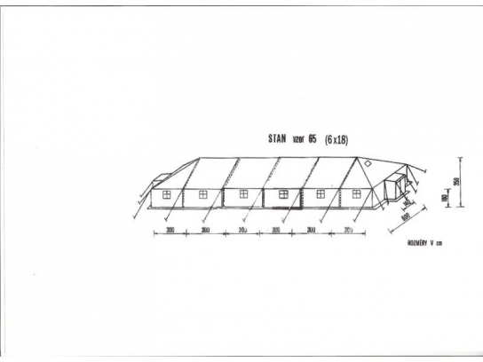 Nákres stanu S65 6x18 m (včetně čtyř nástavných dílců)